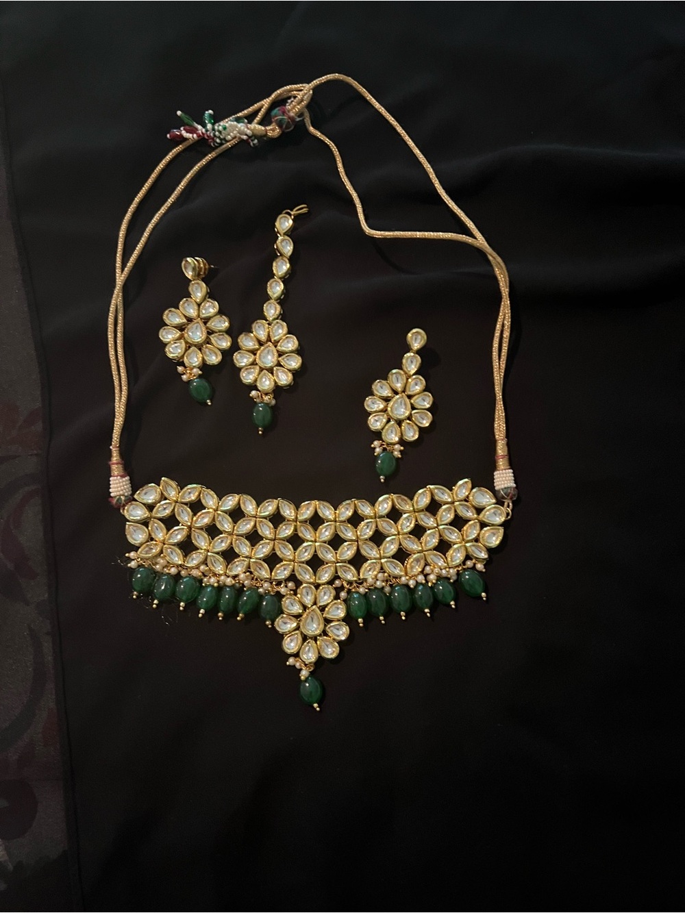Gold Kundan Floral Necklace Set with Green Drops - Women Jewelry